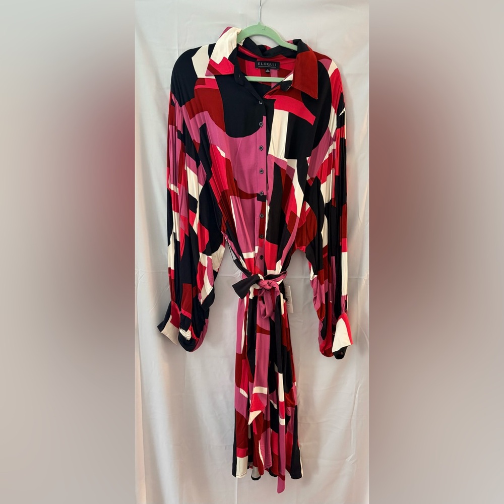 Eloquii Red and Black Patterned Dolman Sleeve Midi Shirt Dress with Tie Belt